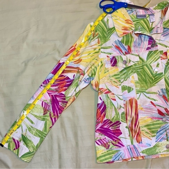 🐠 Chicos Tropical Floral Linen Blend Jacket, Pre-Owned, Size 3 (16) 🌺 - Picture 5 of 12